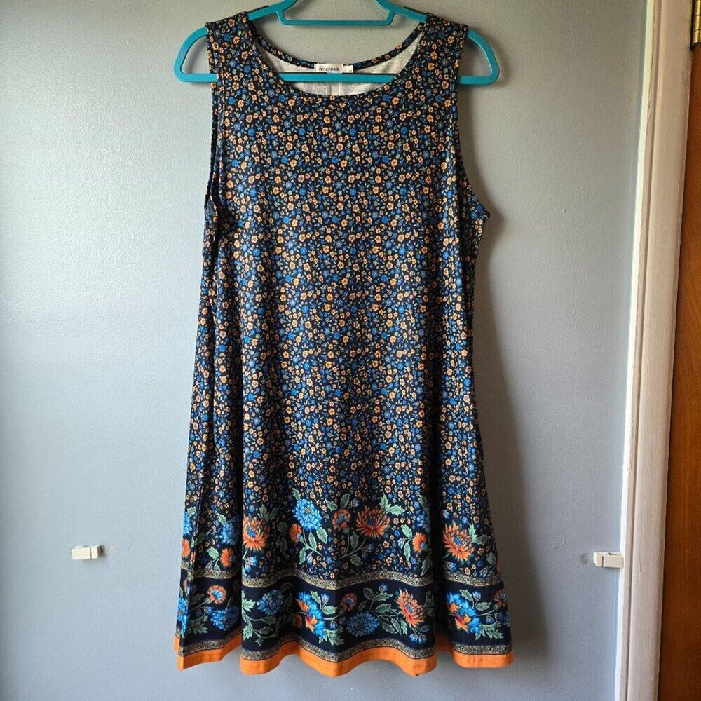 Bohemian Sleeveless Knee Length Tank Dress Black/Orange/Blue Floral Large - NWT